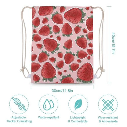 Strawberry Fruit Pink Portable Canvas Drawstring Backpack with Drawstring Pockets 30x40cm - color: Strawberry Fruit Pink, size: 30x40cm