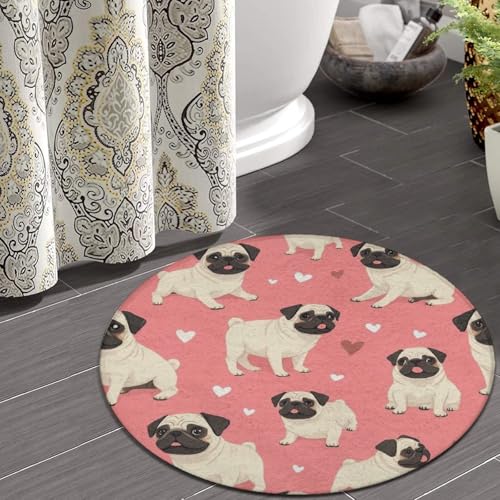 Room Sofa Yoga Soft Round Carpet, Modern Round Area Rug, Non-Slip Machine Washable Kitchen Office Circle Rug Compatible with Funny Cartoon Pugs Puppy Pink 24inch(60cm) - color: Color716, size: 24inch(60cm)