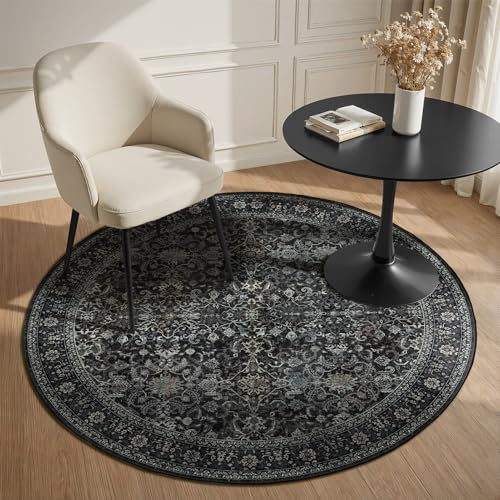 Dark 5ft Round Washable Rug, Moody Vintage Farmhouse 5 Feet Circle Rug for Living Room Under Coffee Table, Low Pile Thin Non Slip 5x5 Round Circular Carpet for Dining Room/Bedroom/Entry/Foyer - color: Midnight/Multi, size: 5' (Round)
