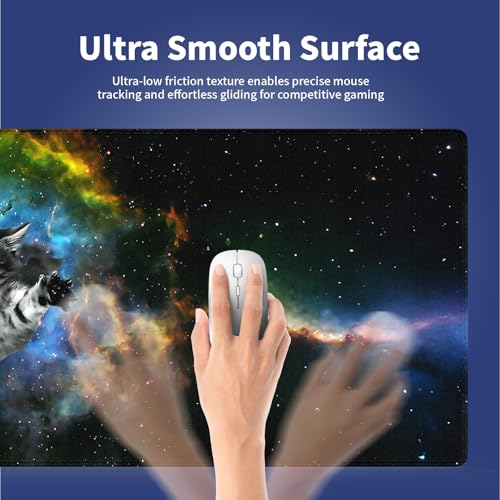 XXL Gaming Mouse Pad with Stitched Edges for PC Home & Office - Curious Cat Flying Through Galaxy Space Reaching for a Taco Cute Kitten Funny Design, Smooth Fabric Surface Large Desk Mat - color: Curious Cat