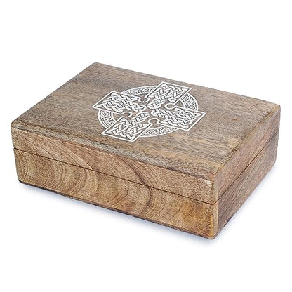 Ajuny Handmade Decorative Wooden Jewelry Box Celtic Cross Design Multipurpose Treasure Chest Storage Organizer Trinket keepsake Necklaces Watch Boxes, Great Gifts - 8x5 Inch - style: Celtic Cross White