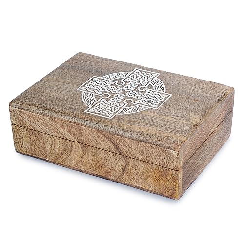 Ajuny Handmade Decorative Wooden Jewelry Box Celtic Cross Design Multipurpose Treasure Chest Storage Organizer Trinket keepsake Necklaces Watch Boxes, Great Gifts - 8x5 Inch - style: Celtic Cross White