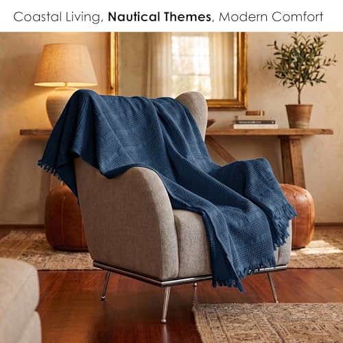 Mira Waffle Throw Blanket with Tassels - 50x66 Inch - 100% Turkish Cotton Tencel Breathable Blend Lightweight Blanket for Couch, Sofa, Bed - color: Denim