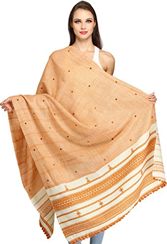 Exotic India Shawl from Kutch with Embroidered Mirrors - Pure Wool - color: Peach