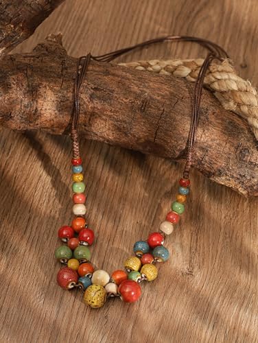 MINACHI Hippie Boho Colorful Ceramic Round Beads Strand Necklace, Bohemian Fashion Statement Jewelry Gift for Women - color: S08