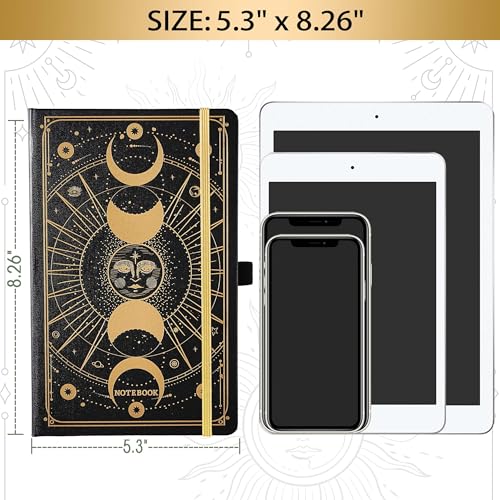 Artfan Ruled Notebook/Journal – Premium Thick Paper Classic Writing Notebook with Pocket + Page Dividers Gifts, Banded, Large, 128 Pages, Hard Cover, Lined (5.3" x 8.26") - Sun and Moon - color: BLACK16