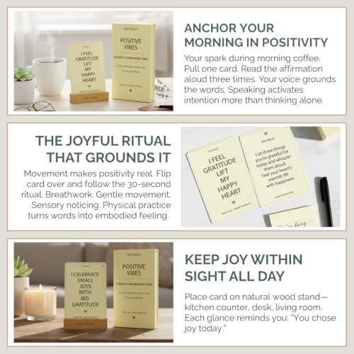 Positive Affirmation Cards with Wood Stand - 31 Daily Affirmation Cards for Women Paired with Joyful Rituals. Gifts for Friends, Birthday, Sisters and Self Care. Wooden Stand Included.