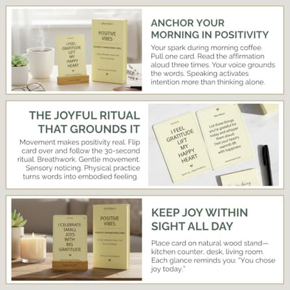 Positive Affirmation Cards with Wood Stand - 31 Daily Affirmation Cards for Women Paired with Joyful Rituals. Gifts for Friends, Birthday, Sisters and Self Care. Wooden Stand Included.