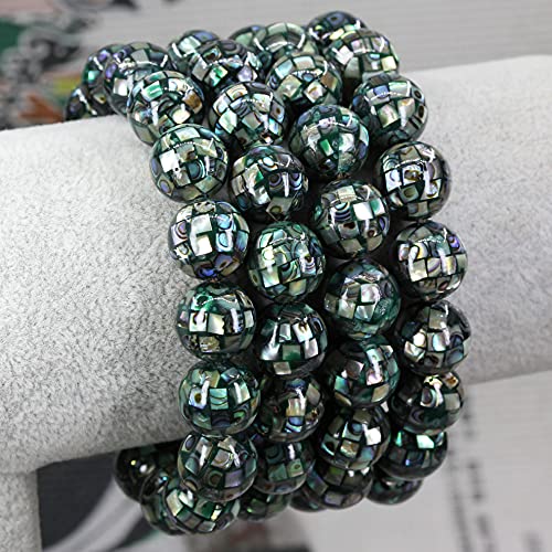Keleny Semi Precious Stones Natural Gemstones 12mm Round Beads Crystal Stretch Bracelets 7 Inch Unisex - color: Mosaic Abalone Shell