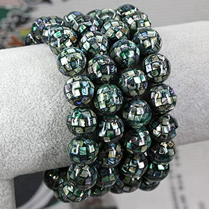 Keleny Semi Precious Stones Natural Gemstones 12mm Round Beads Crystal Stretch Bracelets 7 Inch Unisex - color: Mosaic Abalone Shell