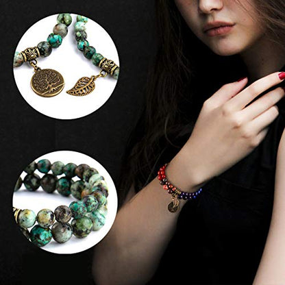 Bivei Natural Semi Precious Gemstone beads bracelet for women - Life Tree and Leaf Charm Energy Reiki Crystal Stretch Bracelets - color: Blue Lace Agate Bracelet Set, size: Medium:6.8-7.24inch