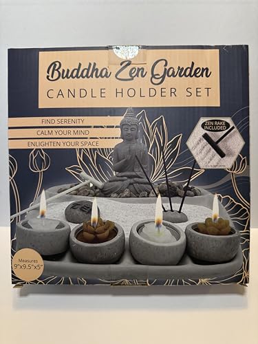 Buddha Zen Garden Candle Holder Set with Zen Rake, Incense Holder, 9" x 9.5" x 5", Meditation Decor