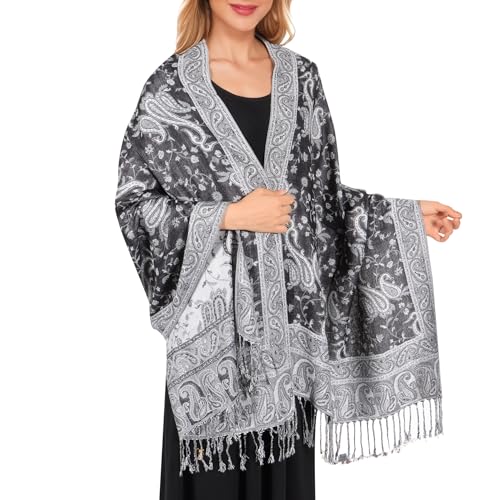MUQU Women Pashmina Shawls and Wraps Scarf Soft Silky Reversible Paisley Scarves Shawl for Women - color: Black+white