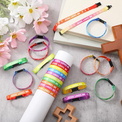 Ecally 100 Pcs Jesus Loves Me Bracelets Bulk Jesus Loves Me Woven Wristbands Christian Gifts Adjustable Wristbands Religious Gifts for VBS Sunday School Church Gift
