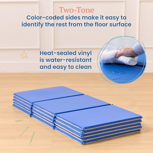 ECR4Kids Everyday Folding Rest Mat, 3-Section, 1in, Sleeping Pad, Blue/Grey, 5-Pack