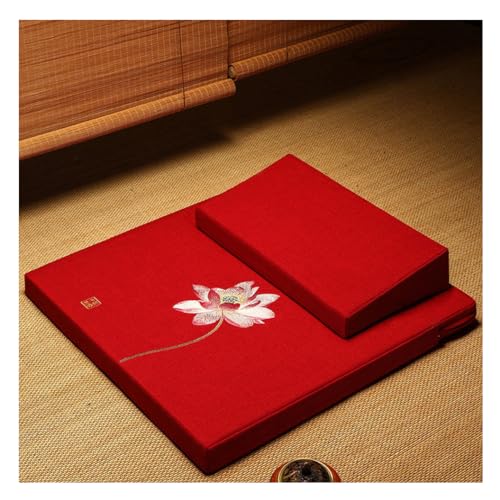 Square Meditation Cushion Mat Set with Washable Cotton Linen Cover and Embroidered Lotus, Larger Yoga Mat Bolster Floor Pillows Seating for Adults Meditation Accesso red-60cm - color: Red, size: 60cm