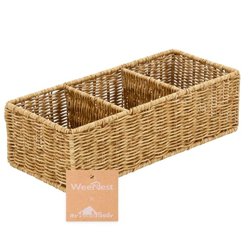 myHomeBody Wicker Basket With 3 Compartments, For Toilet Tank Paper Rolls, Hand Woven Bathroom Countertop Organizer, Bedroom Organization, 1pc, Tan - color: Tan
