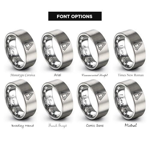 Gift for Yoga Fan - Yoga Meditation Ring - Flat Dome Bevel - Band - Men Women - Brushed Polished - Tungsten - Personalized Custom Engraving - 8mm - Anniversary Wedding - Yellow Rose Gold Silver - color: 13 - Grey Tungsten
