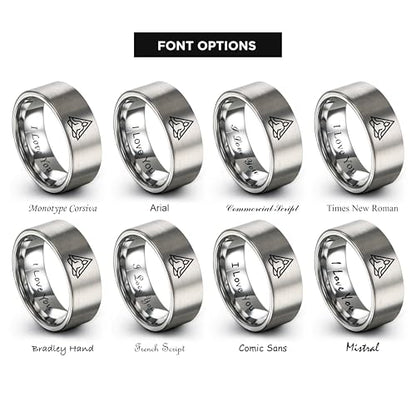 Gift for Yoga Fan - Yoga Meditation Ring - Flat Dome Bevel - Band - Men Women - Brushed Polished - Tungsten - Personalized Custom Engraving - 8mm - Anniversary Wedding - Yellow Rose Gold Silver - color: 13 - Grey Tungsten