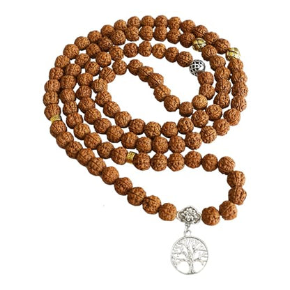 Authentic 5 Mukhi Rudraksha Mala - 108 Beads Spiritual Necklace with Tree of Life Pendant (10mm) - Yoga Meditation Jewelry for Men & Women - All-Natural Beads Chemical-Gift Box