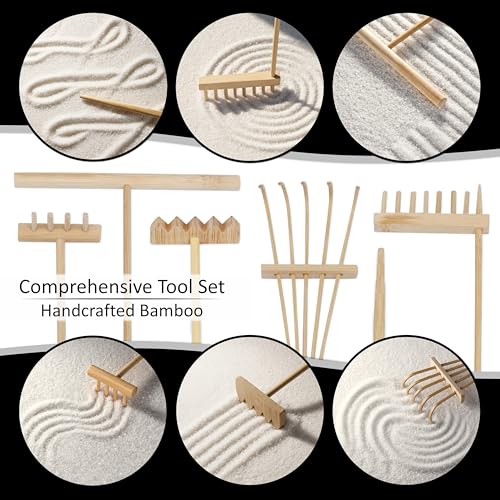 Zen Garden Kit 11x8in. Beautiful Japanese Decor Mini Rock Feature Gift Set for Home, Office Desk. Zen Sand Garden, 6 Tools, 15 Accessories. Sand Tray Therapy Desktop Meditation Room