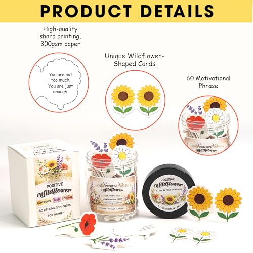 Positive Affirmations Cards for Women, Positive Wildflower Jar with 60 Daily Cards – Sunflower Daisy Lavender Poppy, Encouragement Gift for Mom Sister Friend, Birthday Stress Relief Desk Decor Gifts