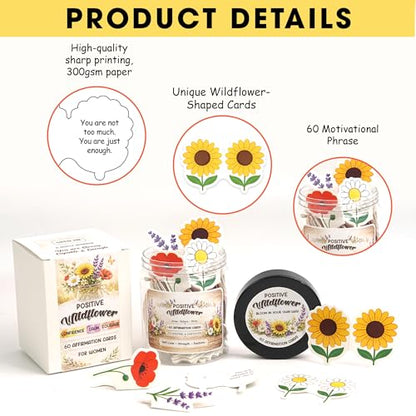 Positive Affirmations Cards for Women, Positive Wildflower Jar with 60 Daily Cards – Sunflower Daisy Lavender Poppy, Encouragement Gift for Mom Sister Friend, Birthday Stress Relief Desk Decor Gifts