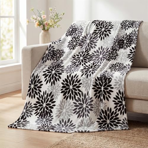 Horaldaily Black Grey Silver Dahlia Pinnata Flannel Blanket Throw, Fall Halloween Floral Soft Fuzzy Plush Cozy Fleece Blanket for Couch Sofa Bed Lounging, Ideal Gifts for Kids Adults Self, 50x60 - color: Black Grey Silver, size: Throw(50x60'')