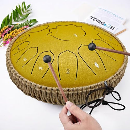 BETESINE 13-Inch 15-Note Steel Tongue Drum in C Major, Beginner-Friendly Meditation Drum with Mallets, Music Book, Finger Picks, Carry Bag & Note Stickers, Rock Gold - color: Rock Gold