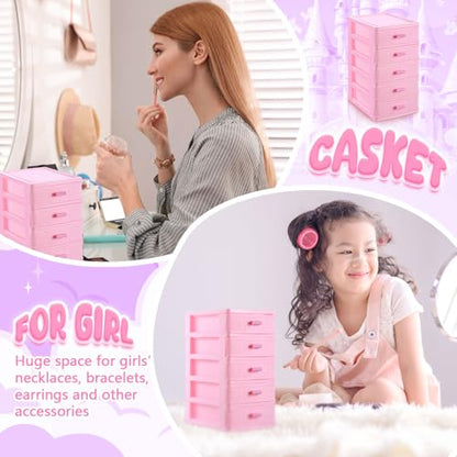 Pink Plastic Storage Drawers Desktop Storage Box Mini Drawer Organizer Necklace Jewelry Storage Case Cute Plastic Dresser for Girls Bathroom, Dorm, Desk, Home, 5 Layers