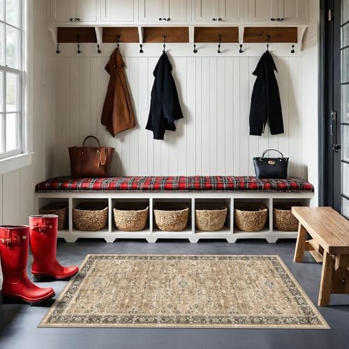 Vintage Boho 2x4 Area Rug for Entryway - Washable Taupe Sage Kitchen Rug for the Floor, Low Pile Non-Slip Rugs for Bathroom, Earthy Geometric Decor & Stain Resistance - color: Desert Taupe / Sage, size: 2' x 4' (Rectangular)