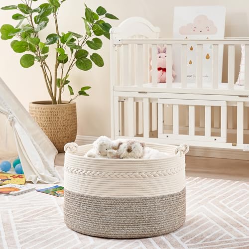 KAKAMAY Large Blanket Basket (20"x13"),Woven Baskets for storage Baby Laundry Hamper, Cotton Rope Blanket Basket for Living Room, Laundry, Nursery, Pillows, Baby Toy chest (White/Beige) - color: Beige