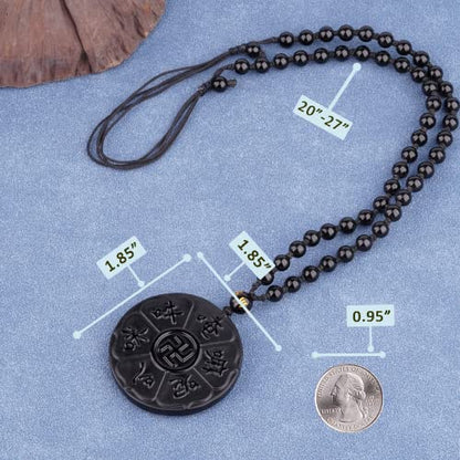 Black Obsidian Necklace Protection Pendant with Extended Bead Chain Healing Crystal Stone Amulet Necklace for Men Women - color: Daming Mantra