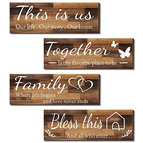 4 Pieces Home Wall Signs, THIS IS US/TOGETHER/BLESS THIS HOME/FAMILY Wall Decor For Living Room Bedroom, Rustic Wooden Farmhouse Wall Art , 4.7 x 13.8 Inch(Brown) - color: This IS US