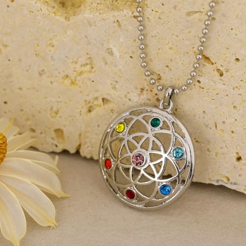 Flower of Life Necklace: 18K Gold Plated Sacred Geometry Buddhist Chakra Mandala with Diamond Pendant Necklaces Yoga Spiritual Amulet Jewelry Meditation Gift for Women Men - color: silver