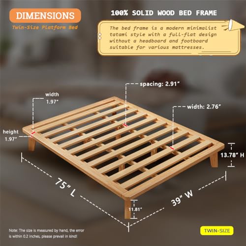 NELYE Twin Platform Bed Base - 14 Inch Solid Wood Mattress Foundation with Support Slats and Legs, Twin-Size Rubberwood Simple Bed Frame - size: Twin