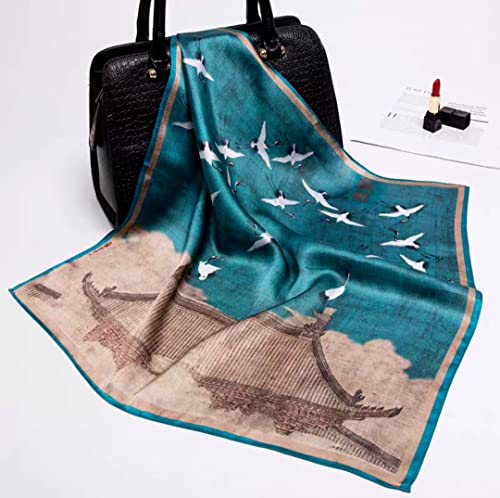 ANDANTINO 100% Mulberry Silk Scarf -21” Lightweight Square Neckerchief – Breathable Digital Printed Scarves with Gift Packed - color: Crane