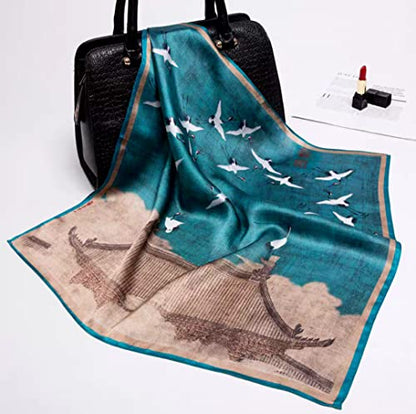 ANDANTINO 100% Mulberry Silk Scarf -21” Lightweight Square Neckerchief – Breathable Digital Printed Scarves with Gift Packed - color: Crane