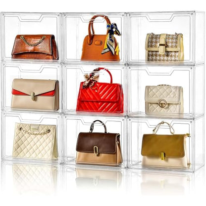 Purse Organizer for Closet,Clear Acrylic Display Case for Handbag Organizer, Purse Storage Box with Magnetic Door, Plastic Storage Bins for Book, Collectibles, Cosmetic (9 Pack)