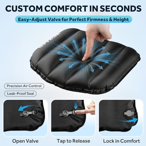 Inflatable Airplane Seat Cushion with Memory Foam | 3D Scalloped Air Baffles | Sit-to-Adjust Firmness | 2-in-1 Seat Pad & Lumbar Support, Tailbone Relief | 30s Inflate & 1s Deflate | Travel & Office