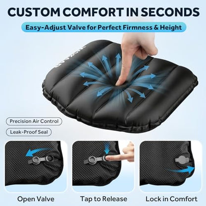 Inflatable Airplane Seat Cushion with Memory Foam | 3D Scalloped Air Baffles | Sit-to-Adjust Firmness | 2-in-1 Seat Pad & Lumbar Support, Tailbone Relief | 30s Inflate & 1s Deflate | Travel & Office