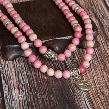 Bivei 108 Mala Beads Necklace Long Beaded Wrap Bracelets Genuine Gemstone Mala Prayer Beads Lotus Buddha Charm Yoga Meditation Necklace - color: Rhodochrosite-Lotus OM-Buddha