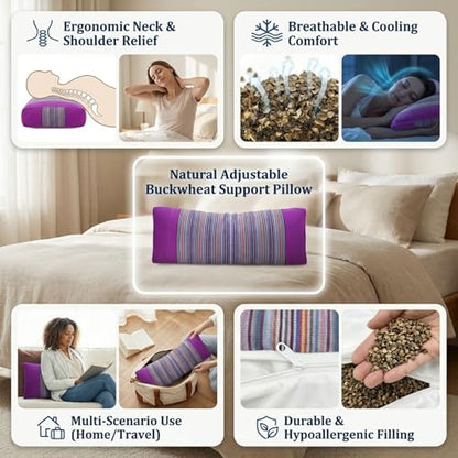 Buckwheat Pillow & Cervical Pillows for Sleeping (21x8x3inch) 100% Organic Coarse Cloth Package w Organic Buckwheat Hulls, Natural Cooling Technology and Relieve Cervical Pain. (Purple) - color: Purple