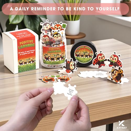 Positive Ladybug Jar with 60 Affirmation Cards, Good Luck Gifts for Women, Friends, Coworkers & Sister, Cheer Up Encouragement Cards, Mother’s Day Gift Idea - color: KAT-k- Positive ladybug