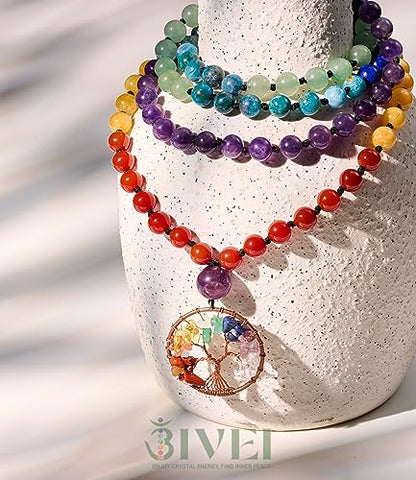 Bivei 108 Mala Beads Necklace Life Tree 7 Chakra Wrap Bracelet Real Healing Gemstone Yoga Meditation Hand Knotted Mala Prayer Bead Necklace - color: 7 Chakras Stone, size: 8mm