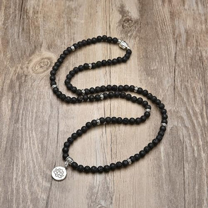 6mm 108 Mala Beads Bracelet, Yoga Zen Necklace with Buddha and Lotus Charm for Prayer - style: Lava