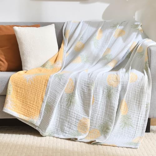 100% Cotton Muslin Throw Blanket Twin 68"x90", Vintage Indoor and Outdoor Use, Reversible and Breathable Fabric for Yard Picnics, Bedding or Chair Cover - color: Root={'value': "['Pineapple']"}, size: \'Twin (66" x 90")\'