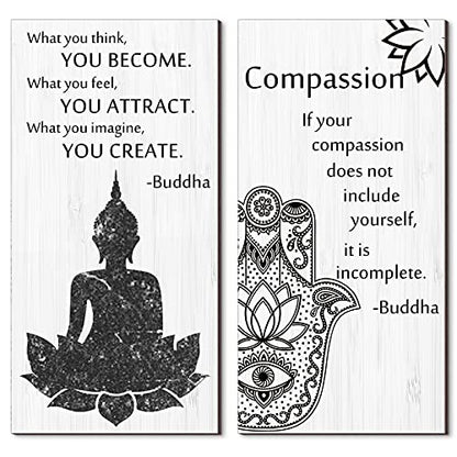 Blulu 2 Pcs Buddha Quote Decor Buddha Inspirational Quote Wall Art Meditation Room Chakra Decor Zen Wooden Hanging, Spiritual Gift for Home Yoga Living Room Women(Compassion) - style: Compassion