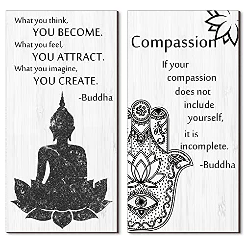 Blulu 2 Pcs Buddha Quote Decor Buddha Inspirational Quote Wall Art Meditation Room Chakra Decor Zen Wooden Hanging, Spiritual Gift for Home Yoga Living Room Women(Compassion) - style: Compassion