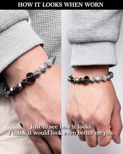 Beaded Bracelet for Men, 10mm Natural Stones Bracelet for Men's Gift, Adjustable Precision-Cut Gemstone Crystal Healing Bracelet, Protection Jewelry Gift with Hematite, Tiger Eye - style: Map Stone & Hematite